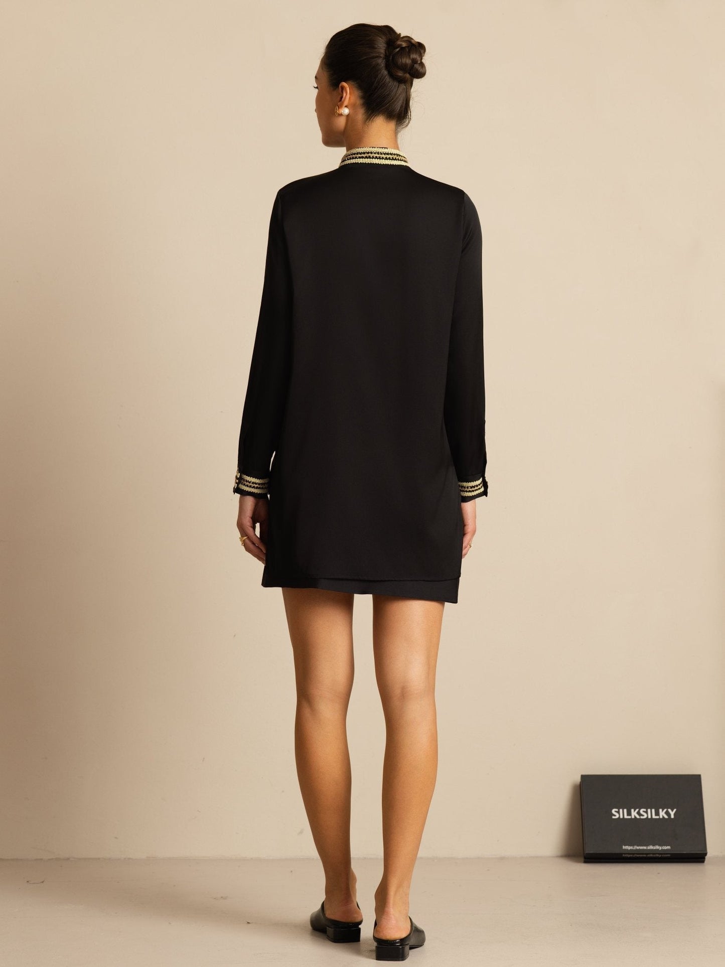 Rosstef 19Momme Stretch Silk Pleated Stand Collar Blouse