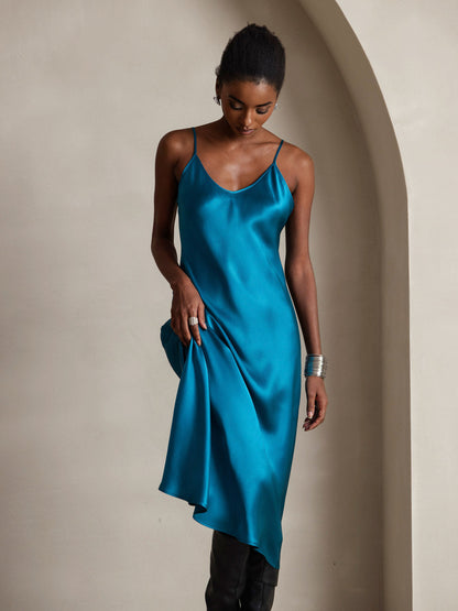 Rosstef 100% Mulberry Silk Spaghetti Strap V Neck Midi Dress