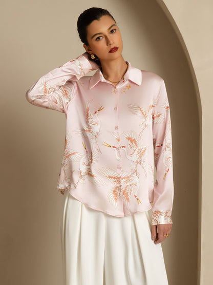 Rosstef 100% Mulberry Silk Long Sleeve Lapel Collar Women's Crane Print Button Blouse