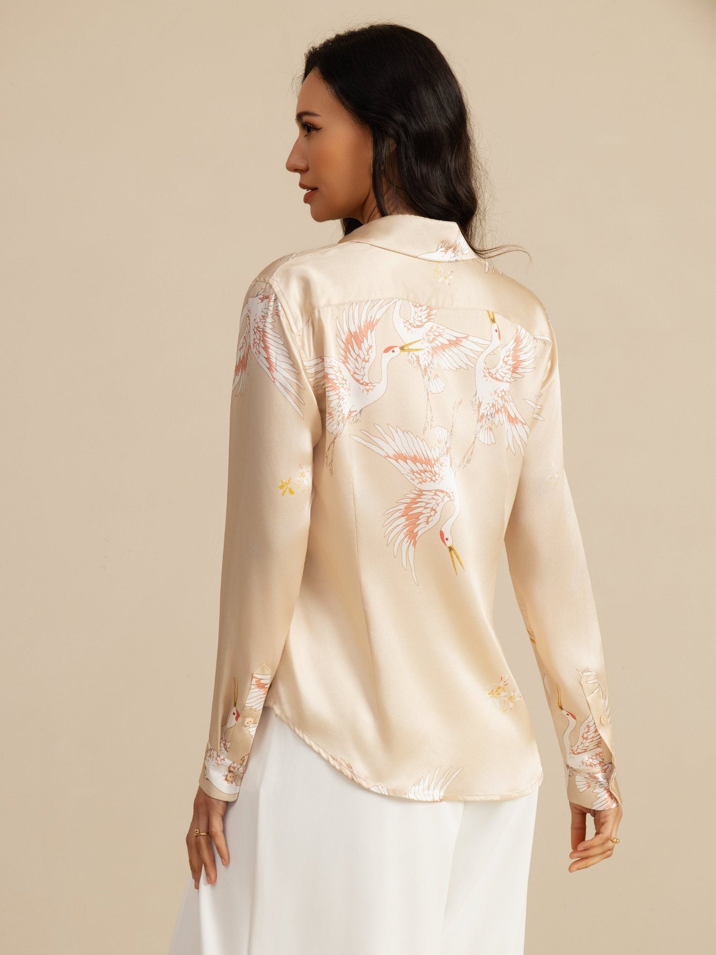 Rosstef 100% Mulberry Silk Long Sleeve Lapel Collar Women's Crane Print Button Blouse