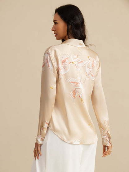 Rosstef 100% Mulberry Silk Long Sleeve Lapel Collar Women's Crane Print Button Blouse