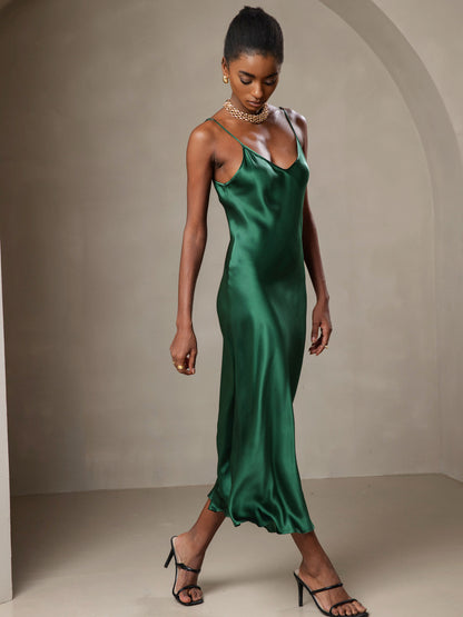 Rosstef 100% Mulberry Silk Spaghetti Strap Midi Long Dress