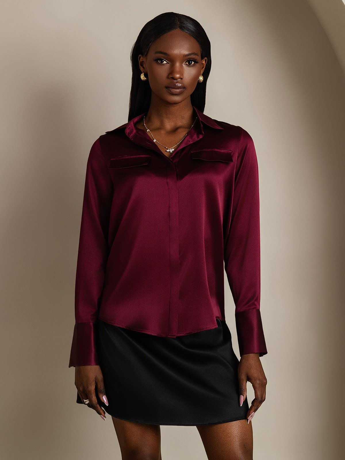 Rosstef 19Momme Silk Long Sleeve Lapel Collar Military Shirt