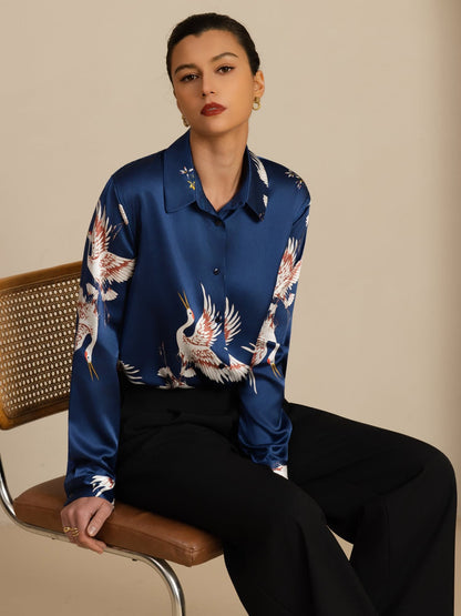 Rosstef 100% Mulberry Silk Long Sleeve Lapel Collar Women's Crane Print Button Blouse