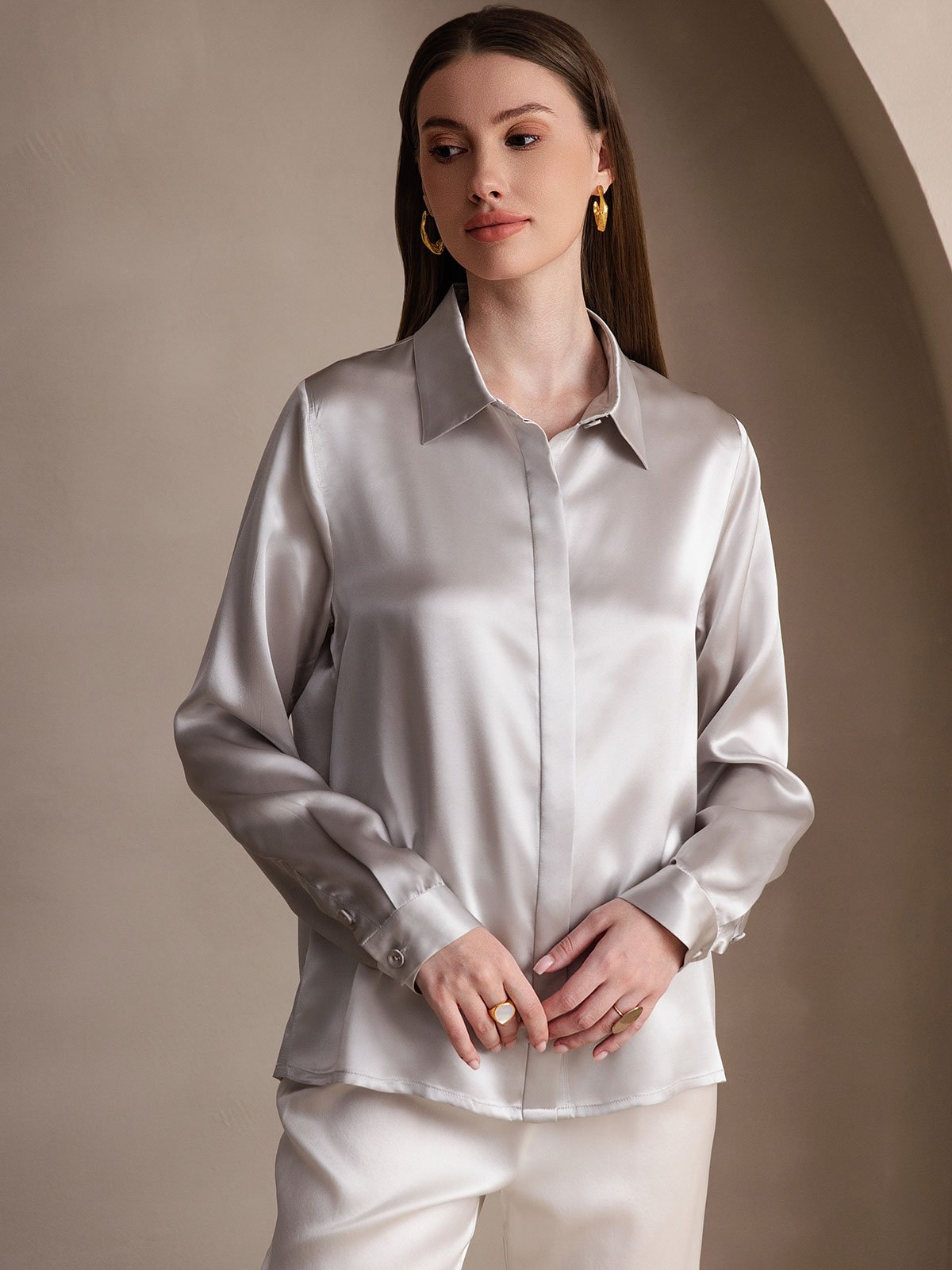 Rosstef 19Momme Silk Long Sleeve Lapel Collar Kadın Bluzu