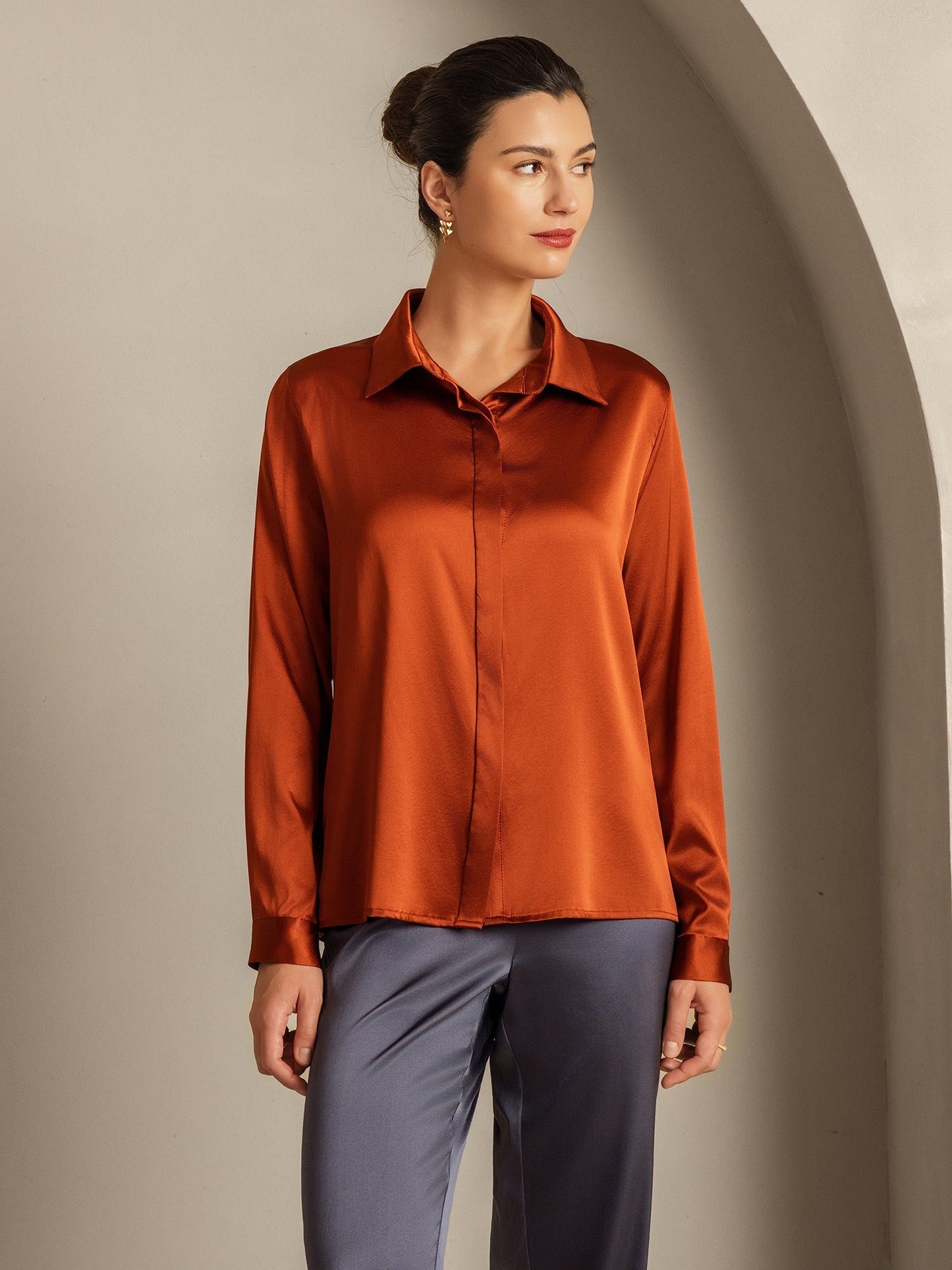Rosstef 19 Momme Silk Long Sleeve Lapel Collar Kadın Şortu