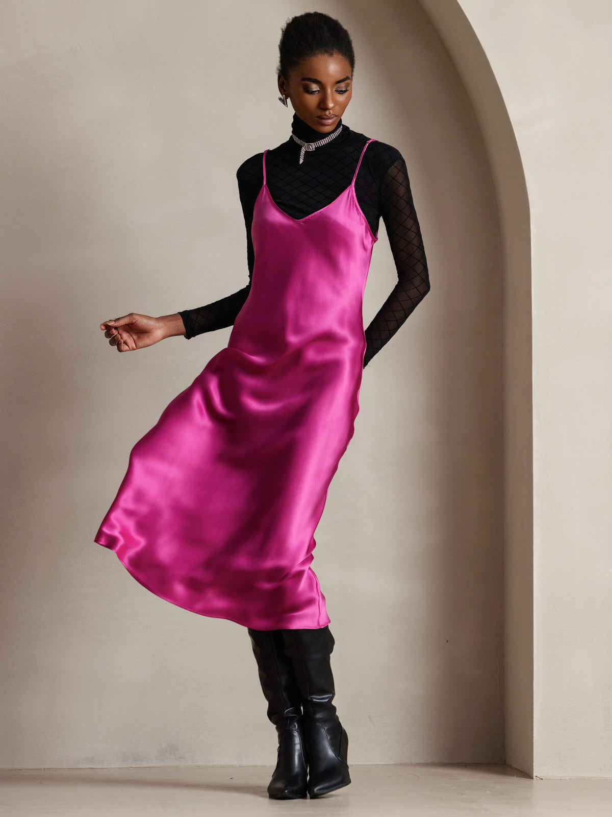 Rosstef 100% Mulberry Silk Spaghetti Strap Midi Long Dress