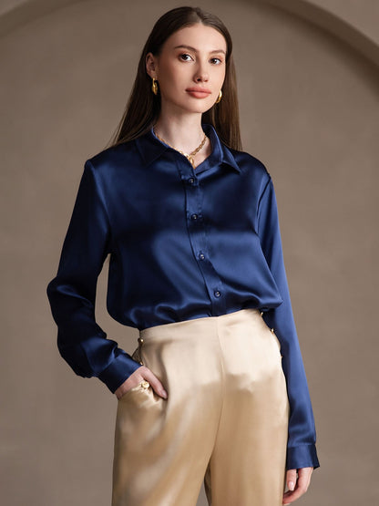 Rosstef 19Momme Silk Long Sleeve Lapel Collar Women's Shirt