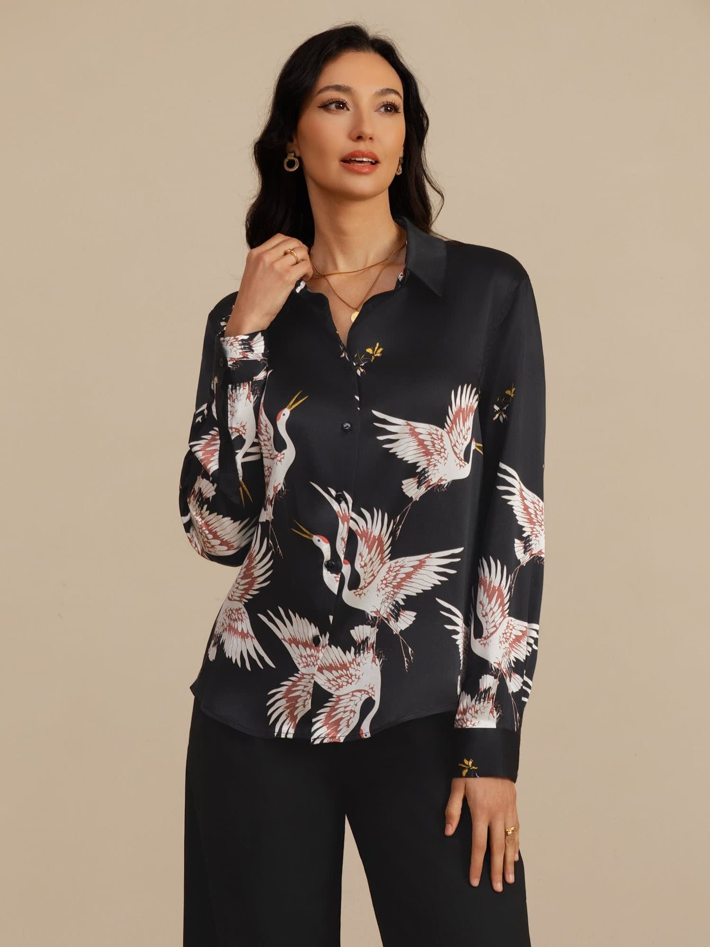 Rosstef 100% Mulberry Silk Long Sleeve Lapel Collar Women's Crane Print Button Blouse