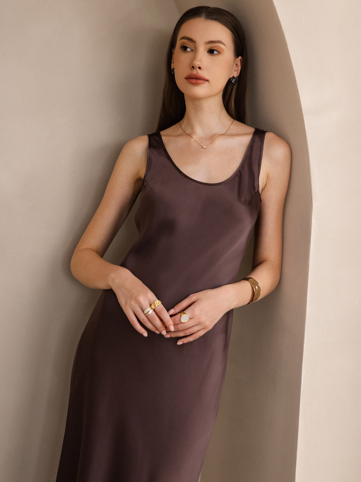 Rosstef 100% Mulberry Silk U Neck Midi Long Dress