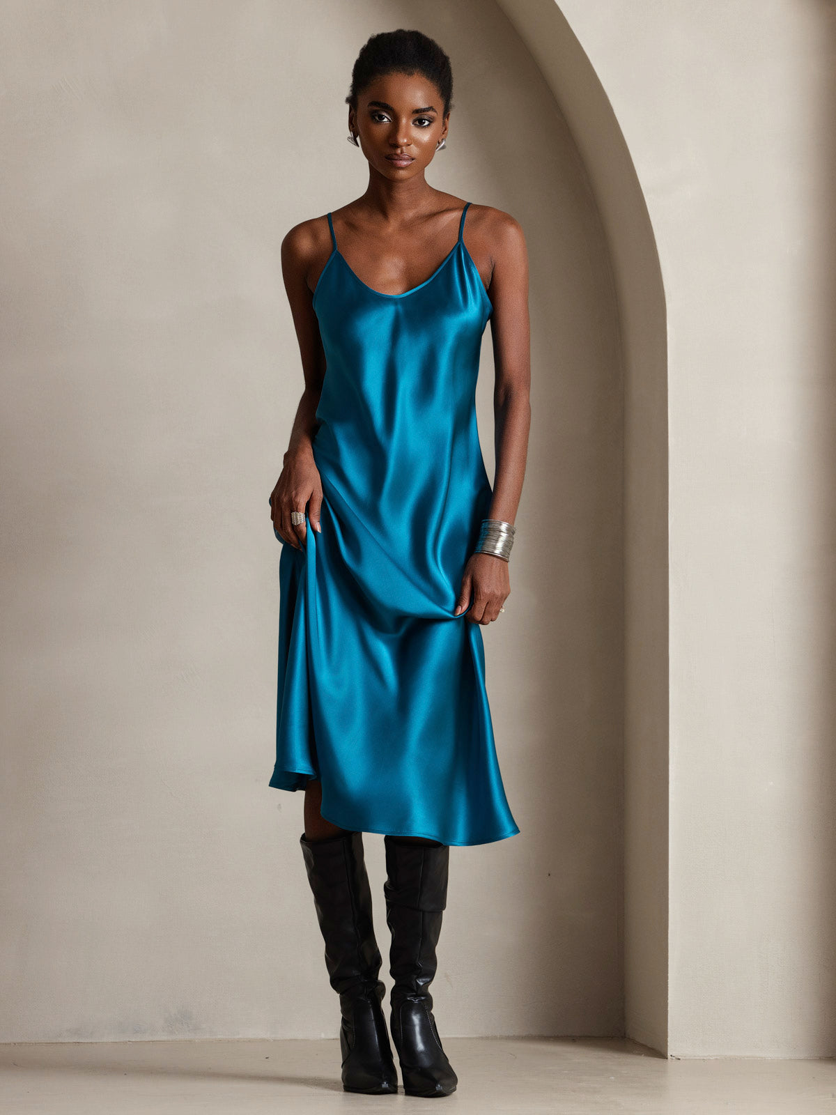Rosstef 100% Mulberry Silk Spaghetti Strap Midi Long Dress