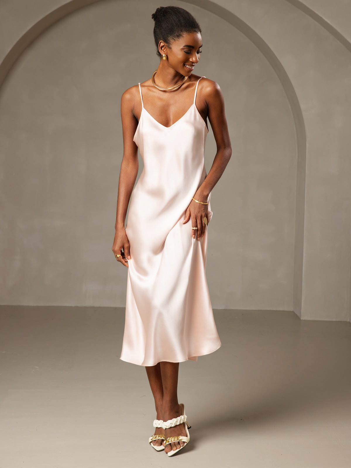 Rosstef 100% Mulberry Silk Spaghetti Strap Midi Long Dress