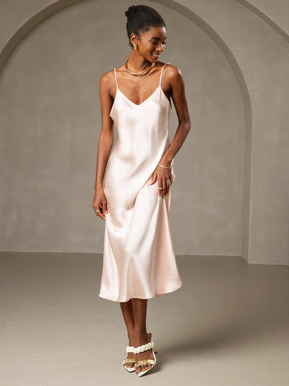 Rosstef 100% Mulberry Silk Spaghetti Strap Midi Long Dress