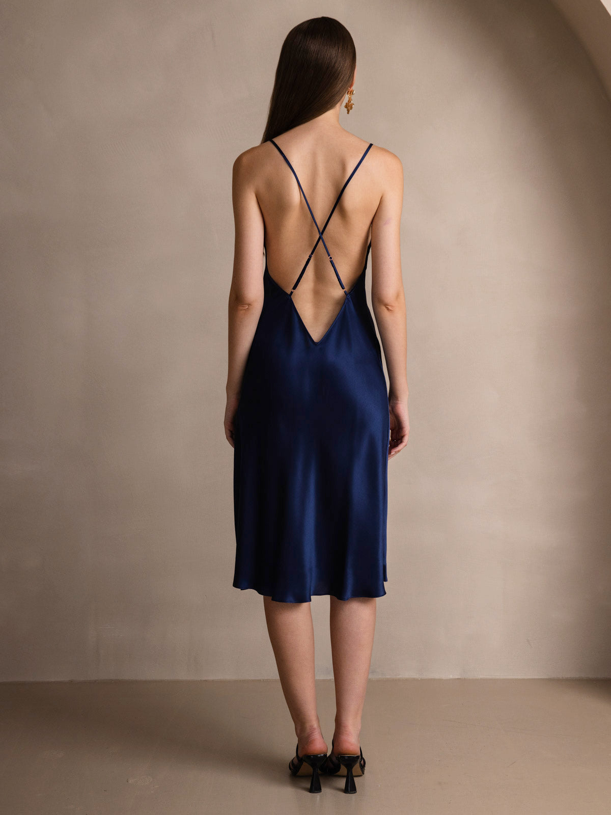 Rosstef Pure Silk Midi Dress with Criss Cross V-Back