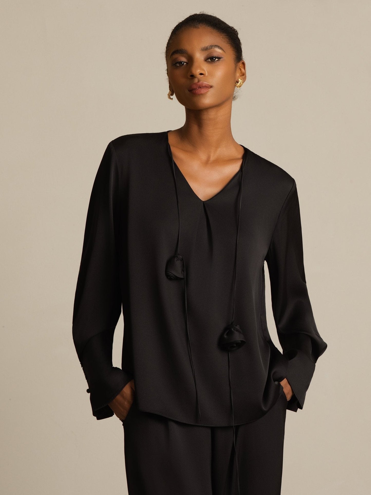 Rosstef 19Momme Stretch Silk V Neck Long Sleeve Blouse