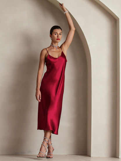 Rosstef 100% Mulberry Silk Spaghetti Strap Midi Long Dress