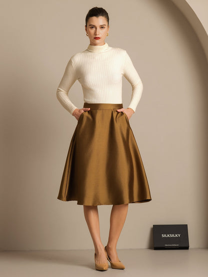 Rosstef 32Momme Silk-Wool Blend A Line Midi Skirt with Zipper Design