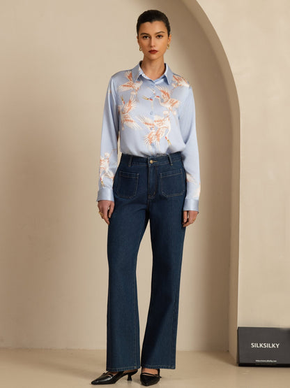 Rosstef 100% Mulberry Silk Long Sleeve Lapel Collar Women's Crane Print Button Blouse