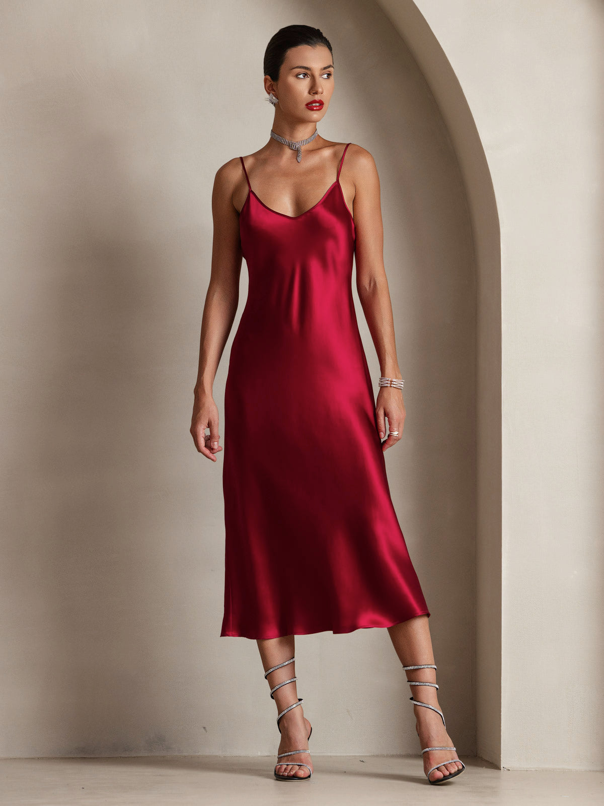 Rosstef 100% Mulberry Silk Spaghetti Strap V Neck Midi Dress