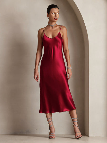Rosstef 100% Mulberry Silk Spaghetti Strap V Neck Midi Dress