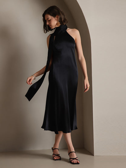 Rosstef 19Momme Silk Sleeveless Tie Neck Midi Dress