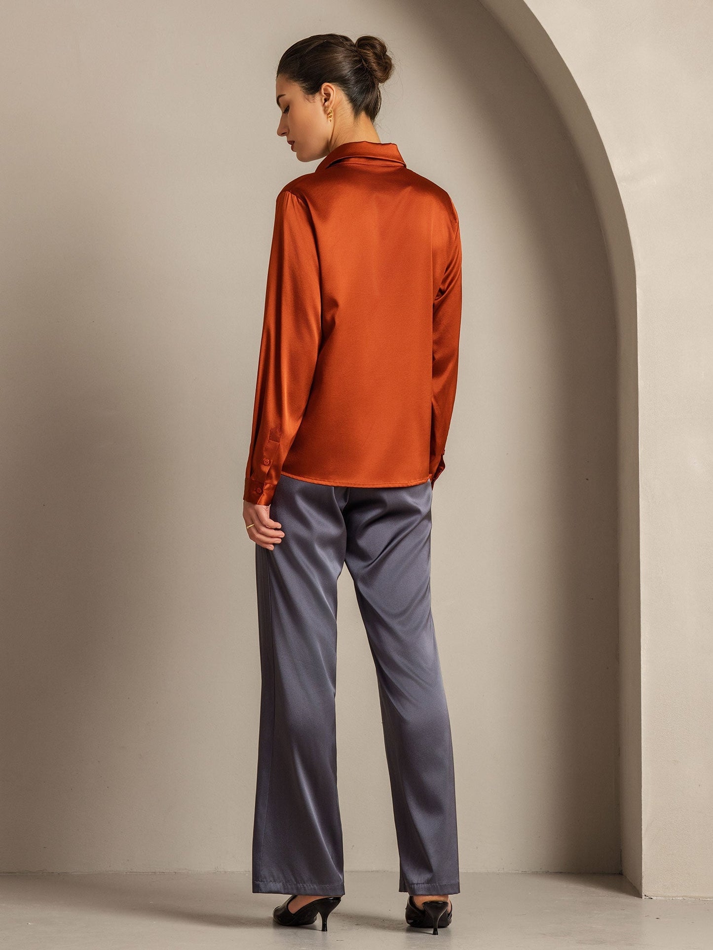 Rosstef 19 Momme Silk Long Sleeve Lapel Collar Kadın Şortu