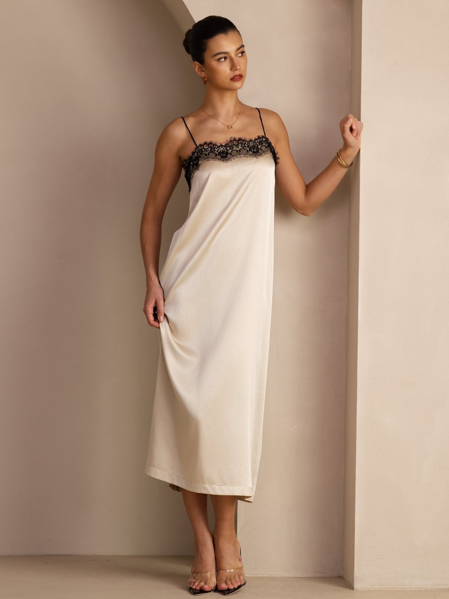 Rosstef 19Momme Silk Square Neck Spaghetti Strap Lace Midi Dress