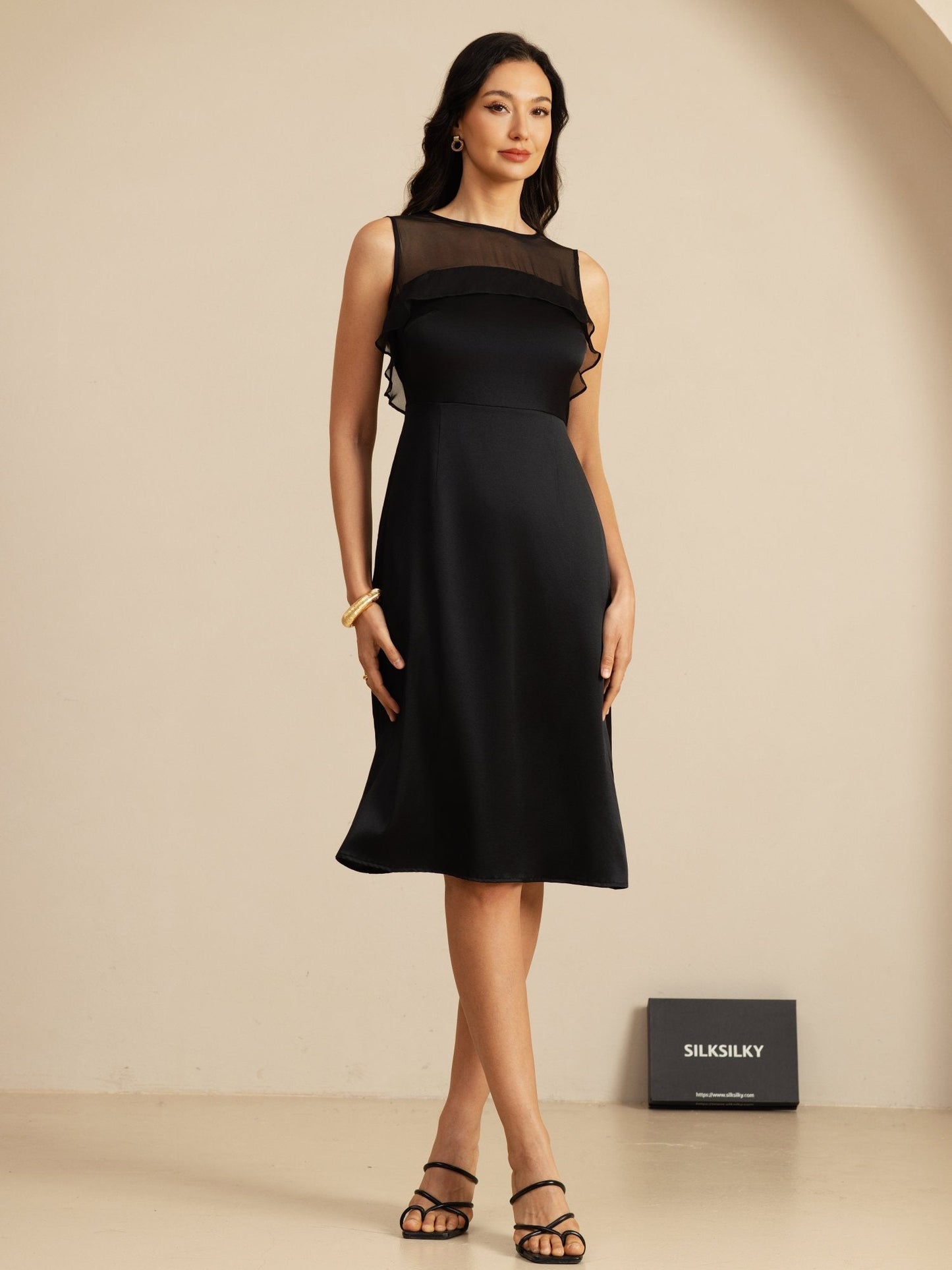 Rosstef 19Momme Pure Silk Illusion Neck Sleeveless Knee Length Giyin