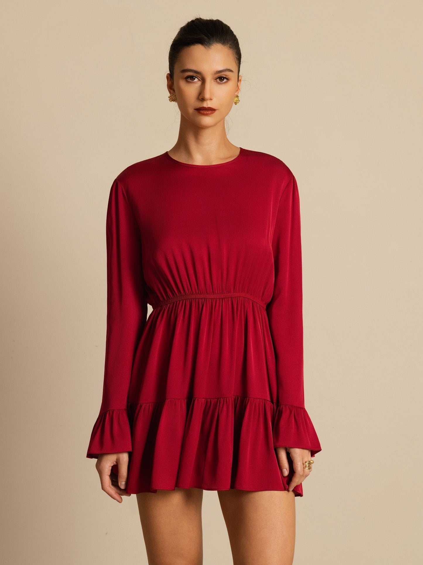 Rosstef 19Momme Stretch Silk Ruffle Sleeves Short Dress