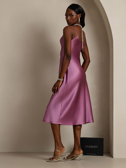 Rosstef 100% Mulberry Silk Spaghetti Strap V Neck Midi Dress
