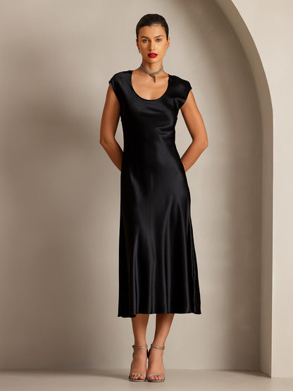 Rosstef 19Momme Silk Cap Sleeve Round Neck Midi Dress