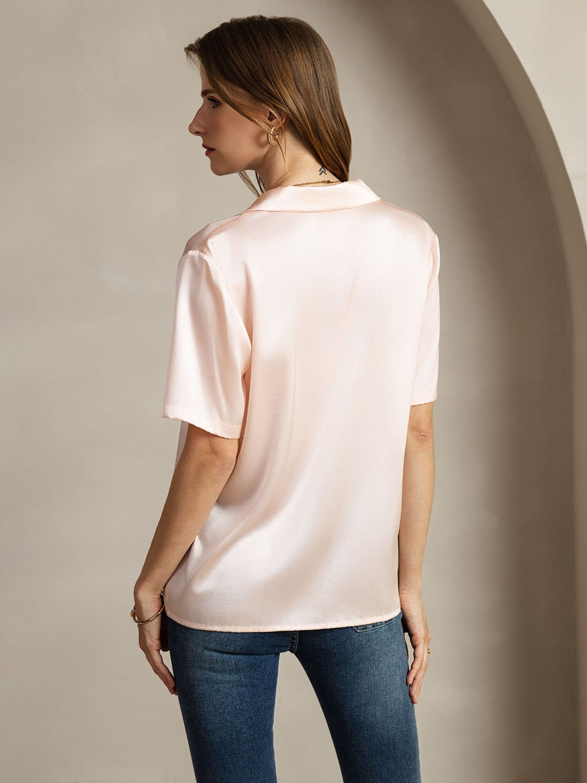 Rosstef 19Momme Silk Short Sleeve Notched Lapel Kadın Elbisesi