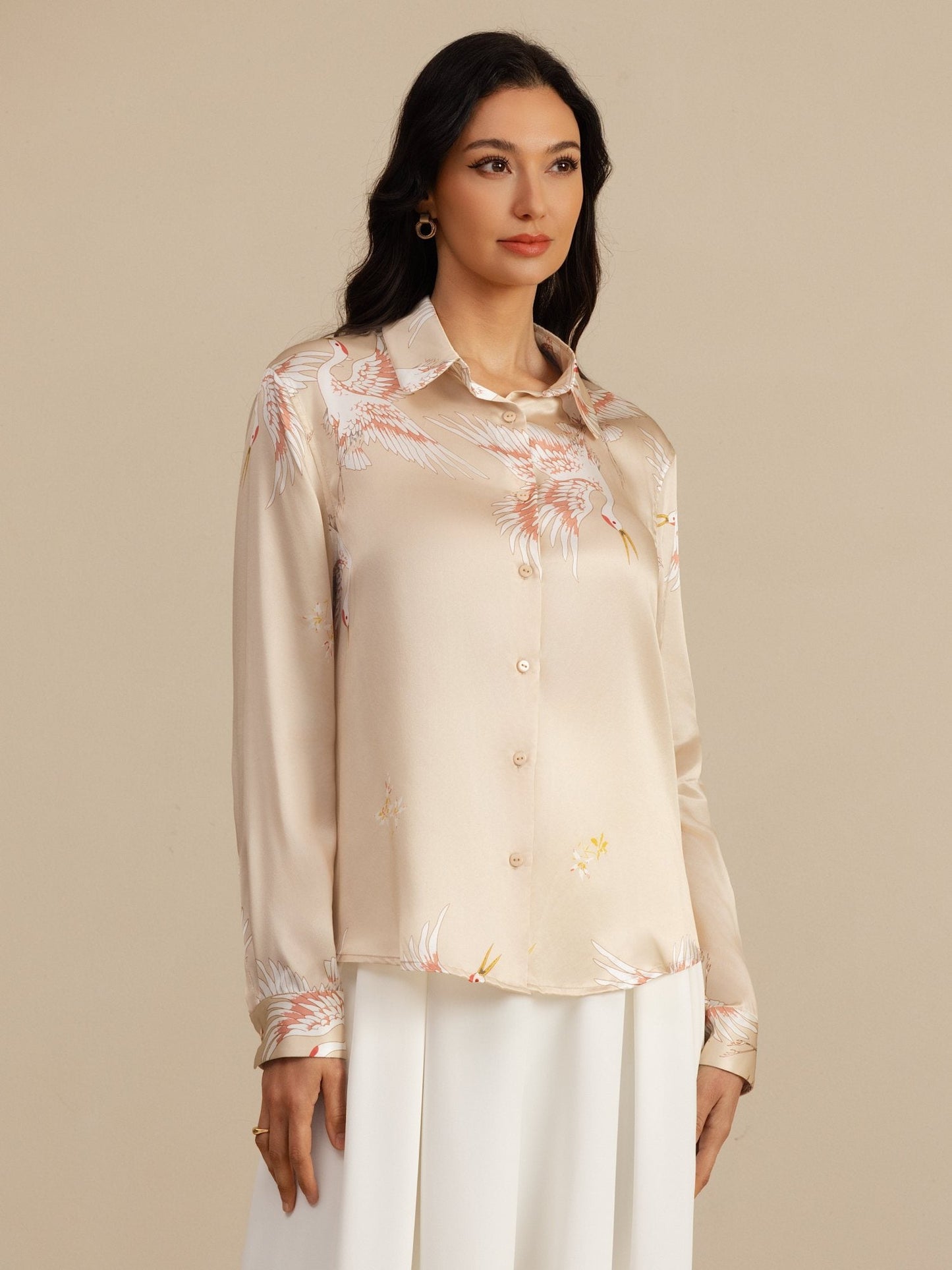 Rosstef 100% Mulberry Silk Long Sleeve Lapel Collar Women's Crane Print Button Blouse