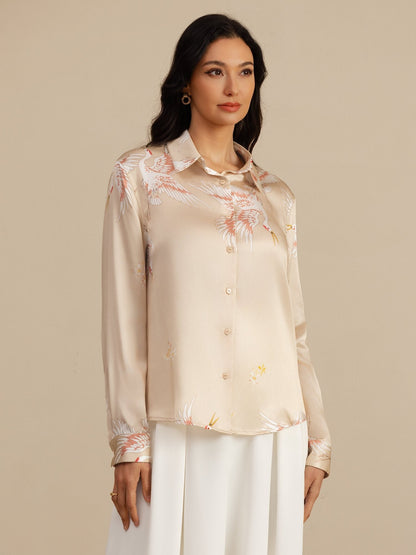 Rosstef 100% Mulberry Silk Long Sleeve Lapel Collar Women's Crane Print Button Blouse