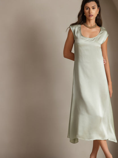 Rosstef 19Momme Silk Cap Sleeve Round Neck Midi Dress
