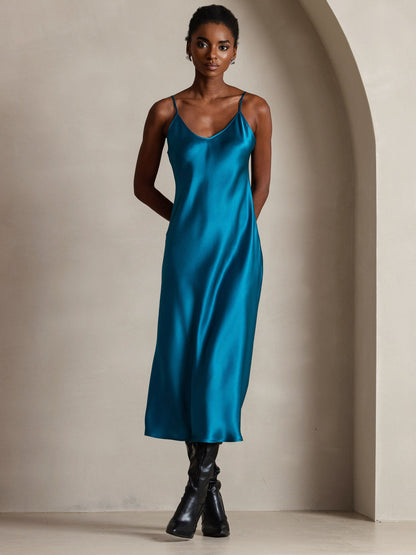 Rosstef 100% Mulberry Silk Spaghetti Strap Midi Long Dress