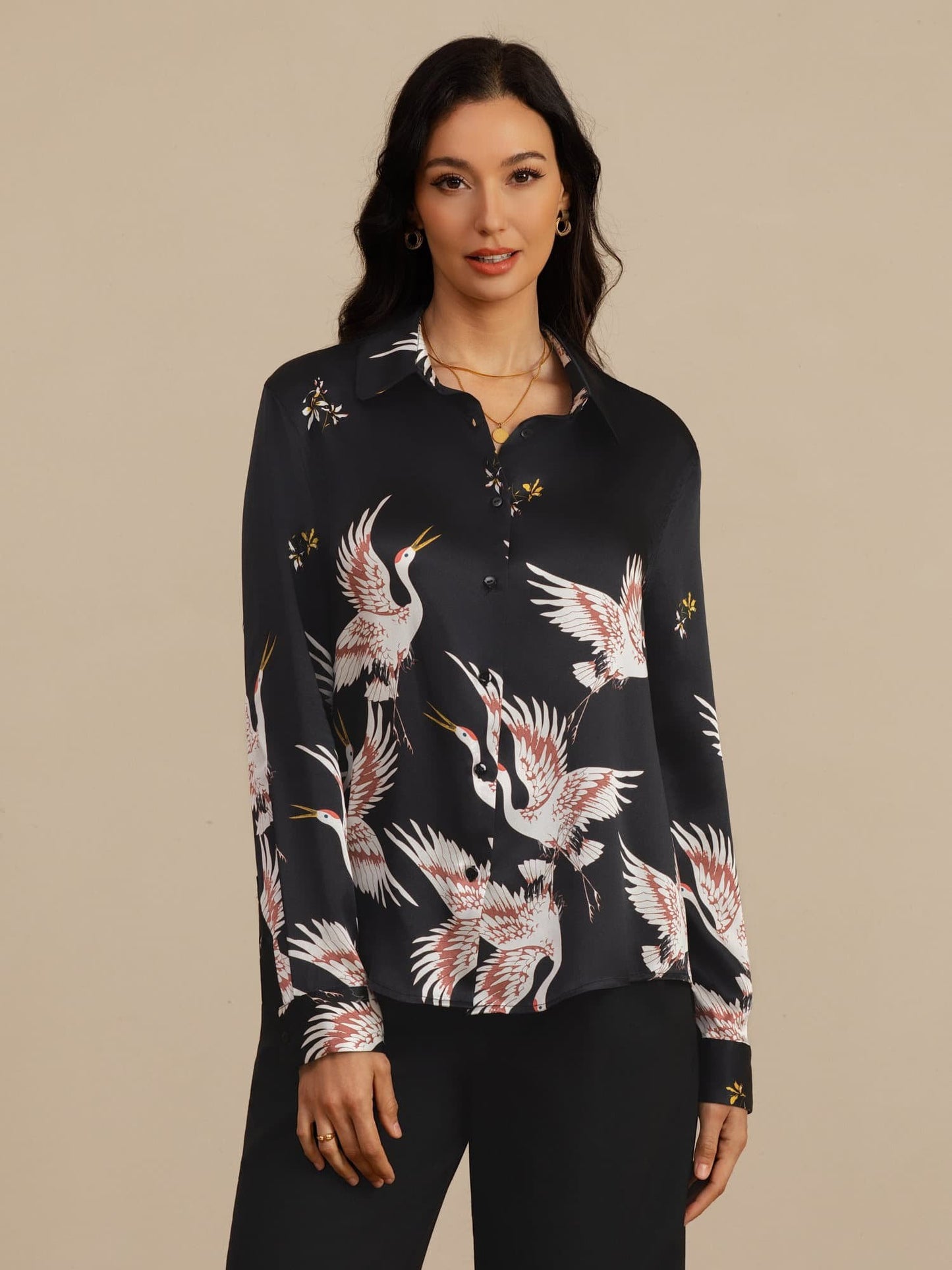 Rosstef 100% Mulberry Silk Long Sleeve Lapel Collar Women's Crane Print Button Blouse