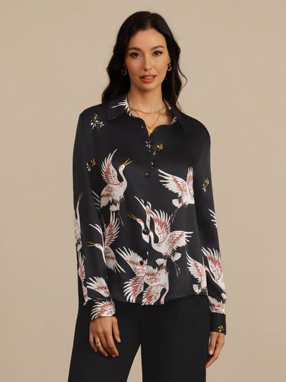 Rosstef 100% Mulberry Silk Long Sleeve Lapel Collar Women's Crane Print Button Blouse
