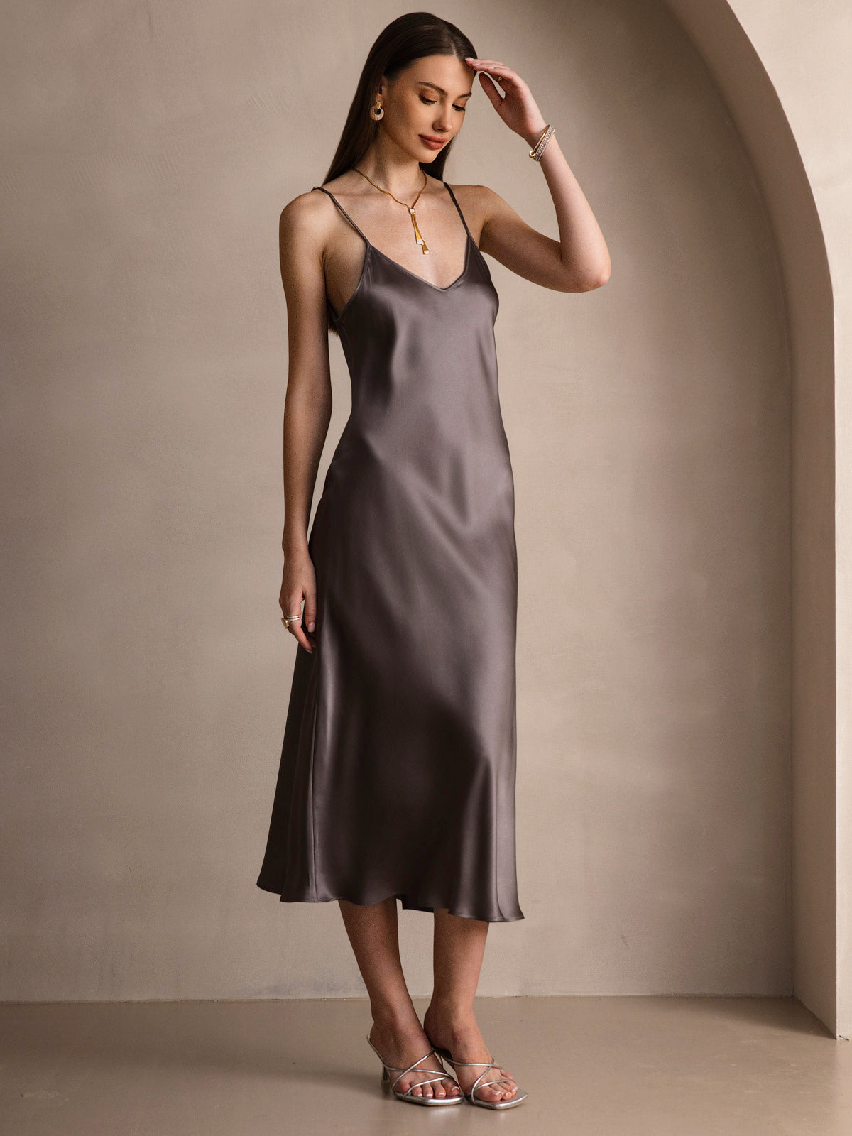Rosstef 100% Mulberry Silk Spaghetti Strap Midi Long Dress