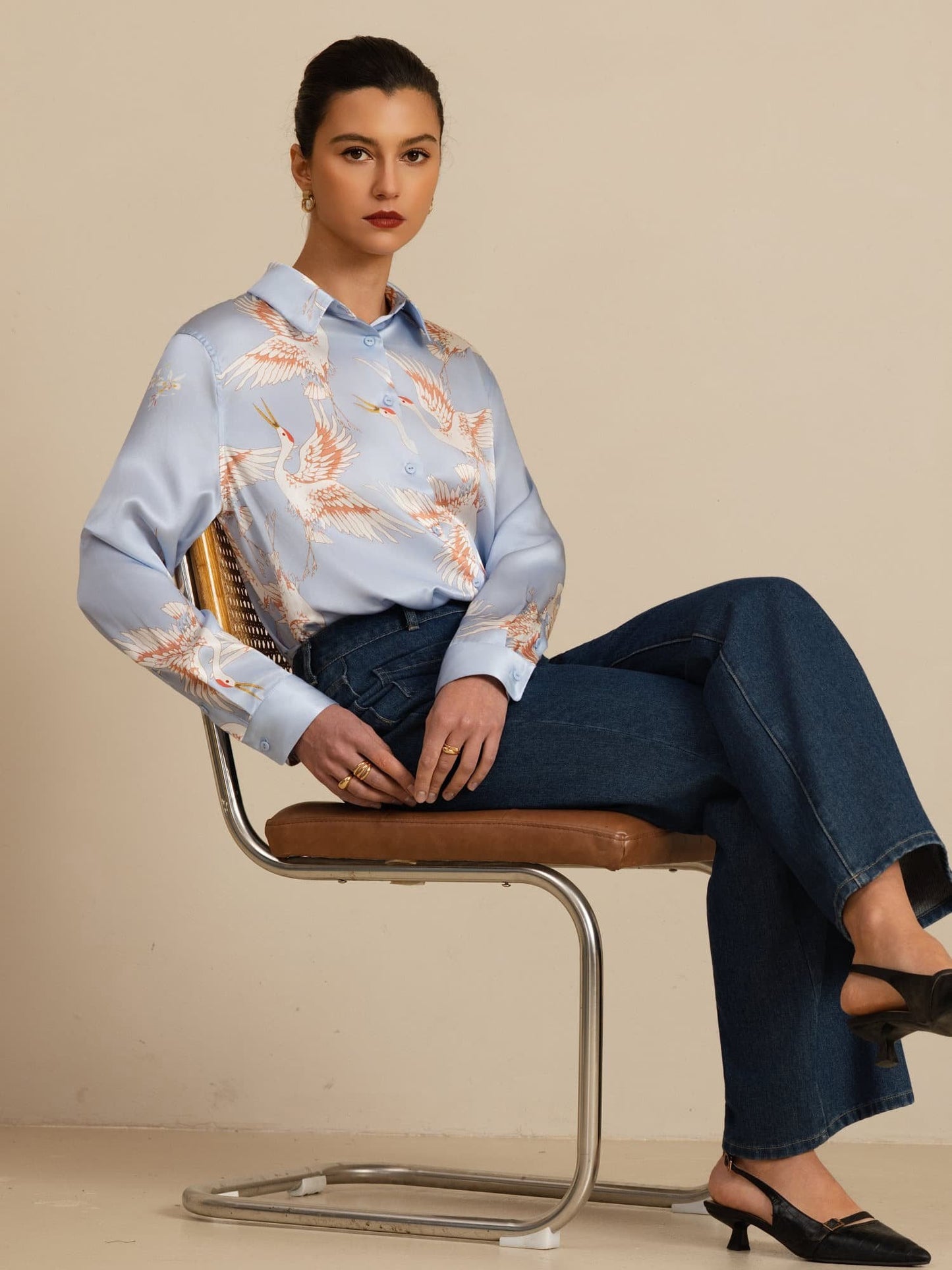 Rosstef 100% Mulberry Silk Long Sleeve Lapel Collar Women's Crane Print Button Blouse