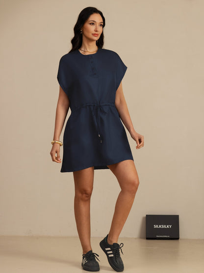 Rosstef Pure Silk Henley Neck Cap Sleeve Short Dress