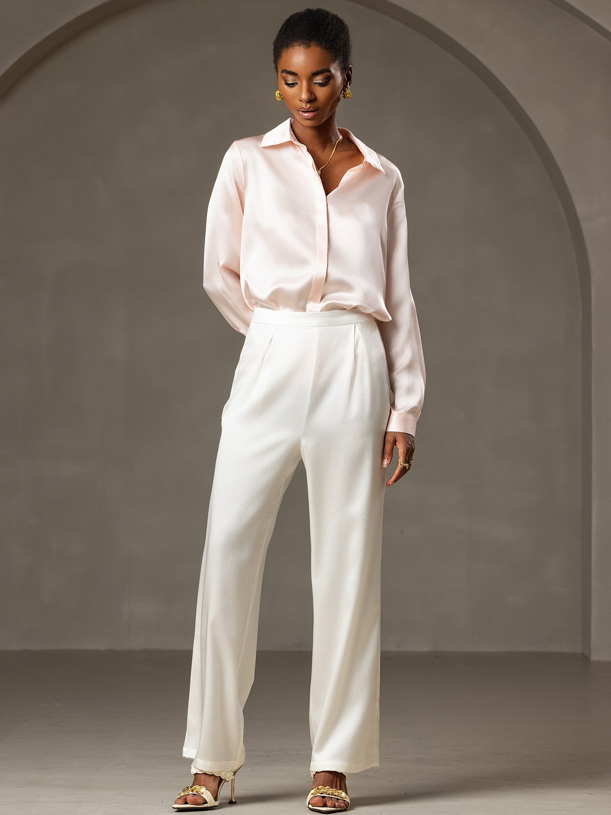 Rosstef 19Momme Silk Long Sleeve Lapel Collar Kadın Bluzu
