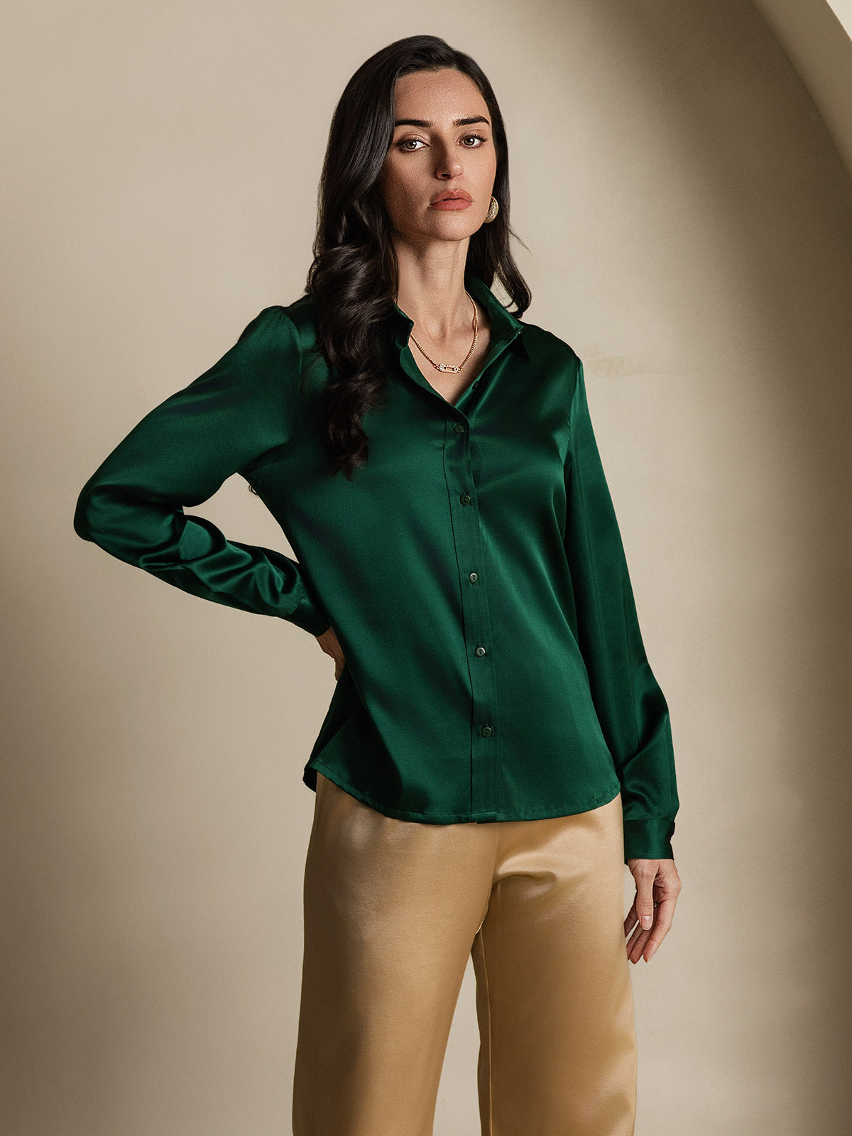 Rosstef 19Momme Silk Long Sleeve Lapel Collar Women's Shirt