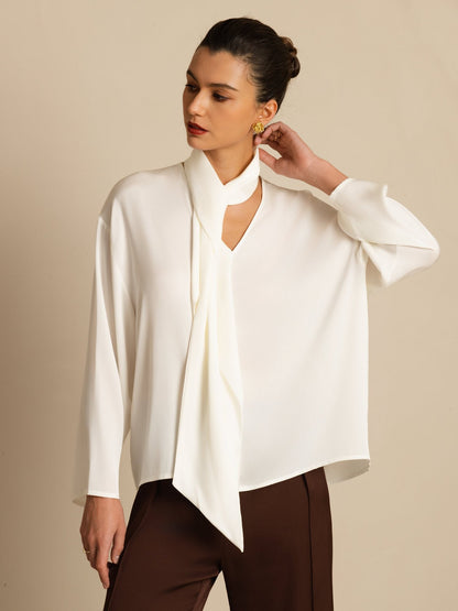 Rosstef 19Momme Stretch Silk Asimetrik V Çıkıntılı Bluz