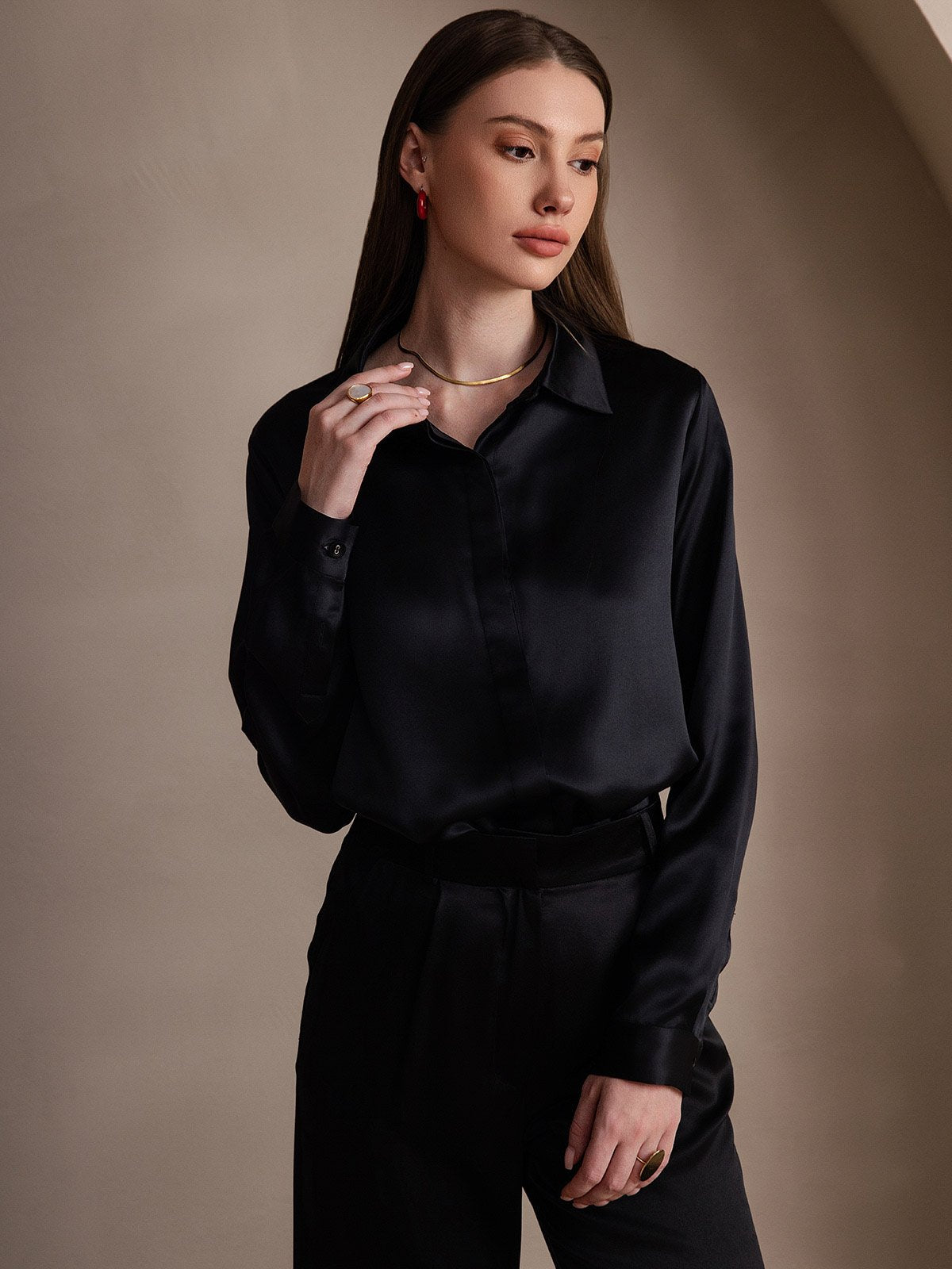 Rosstef 19Momme Silk Long Sleeve Lapel Collar Kadın Bluzu