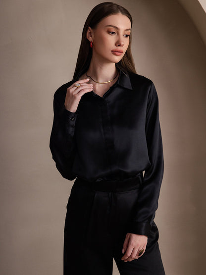 Rosstef 19Momme Silk Long Sleeve Lapel Collar Kadın Bluzu