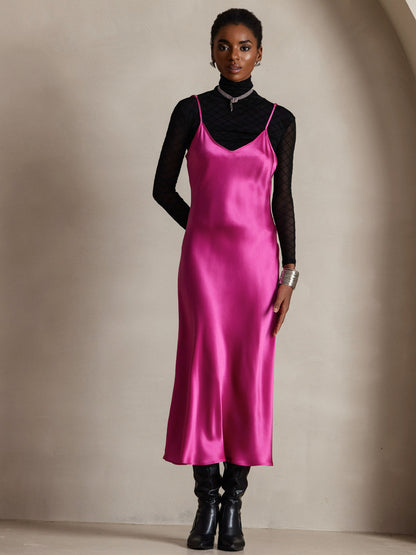 Rosstef 100% Mulberry Silk Spaghetti Strap V Neck Midi Dress