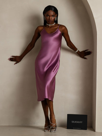 Rosstef 100% Mulberry Silk Spaghetti Strap V Neck Midi Dress