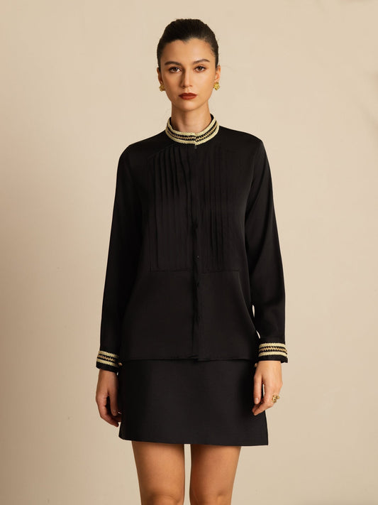 Rosstef 19Momme Stretch Silk Pleated Stand Collar Blouse