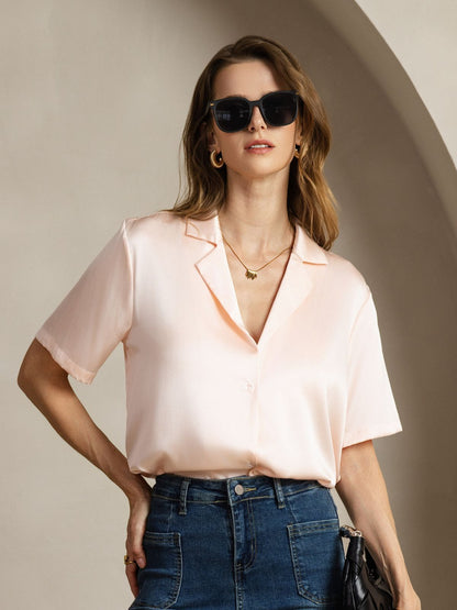 Rosstef 19Momme Silk Short Sleeve Notched Lapel Kadın Elbisesi